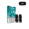 Une boîte de VUSE Recharge Gamme Classique Saveur Menthe Glaciale avec deux dosettes noires sur le devant, indiquant 2000 bouffées, 6 mg de nicotine, un avertissement français, fraîcheur intense de menthe, et un cercle noir x10 au-dessus.