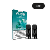 Recharge Gamme Classique Saveur Menthe Glaciale de VUSE : deux capsules menthe glaciale devant une boîte turquoise et blanche affichant " 10 ", texte en français, saveur menthe rafraîchissante.