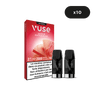 L'emballage de VUSE Recharge Gamme Intense Saveur Pastèque Ice comporte un texte en français et un graphisme de pastèque ; deux dosettes noires sont placées à l'avant, avec une étiquette "x10" au-dessus, soulignant la saveur Pastèque Ice unique sur la boîte.