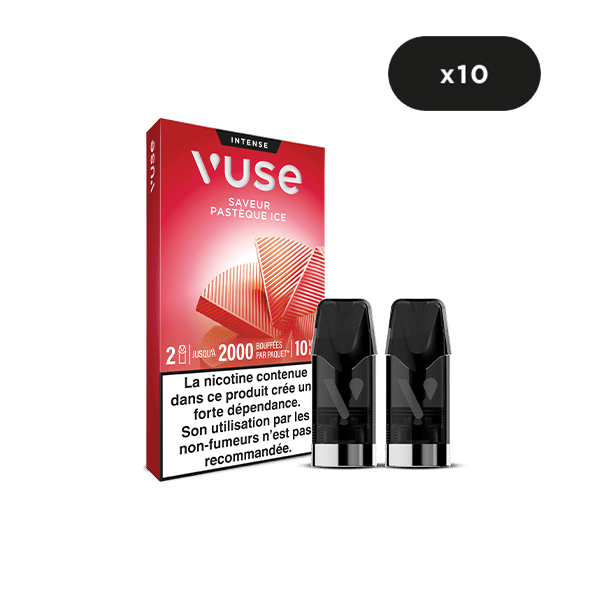 L'emballage de VUSE Recharge Gamme Intense Saveur Pastèque Ice comporte un texte en français et un graphisme de pastèque ; deux dosettes noires sont placées à l'avant, avec une étiquette 