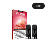 Un paquet VUSE Recharge Gamme Intense Saveur Pastèque Ice avec deux pods devant. La boîte rouge et blanche affiche du texte en français et un cercle noir en haut à droite indique x10.