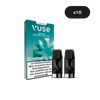 Une boîte de dosettes VUSE Recharge Gamme Classique Saveur Menthe Glaciale avec deux capsules noires sur le devant, avec une icône x10 pour un paquet de dix, 2000 bouffées mises en évidence, et un avertissement sur la nicotine en français.