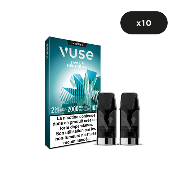 Un paquet de VUSE Recharge Gamme Intense Saveur Menthe Ice est présenté avec deux dosettes devant. La boîte sarcelle à motif de feuilles et l'étiquette d'un paquet de 10 unités comportent des avertissements sur la nicotine en français.