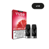 Une boîte de VUSE Recharge Gamme Intense Saveur Fraise Ice est présentée avec deux capsules aromatisées à la fraise, un avertissement français sur la nicotine et une étiquette noire indiquant "paquet de deux capsules" provenant d'un paquet de 10.