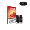 Un paquet VUSE Recharges Gamme Intense Saveur Pastèque Melon est montré avec deux capsules Pastèque Melon devant, un avertissement français sur la nicotine (10 mg/ml), et un cercle noir en haut à droite indiquant x15.