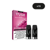 Recharge Gamme Intense Saveur Fruits Rouges Intense de VUSE se présente dans une boîte rose avec 2 capsules, "2000 bouffées", 20mg/ml, un avertissement français sur la nicotine, et une étiquette noire x15 sur le dessus.