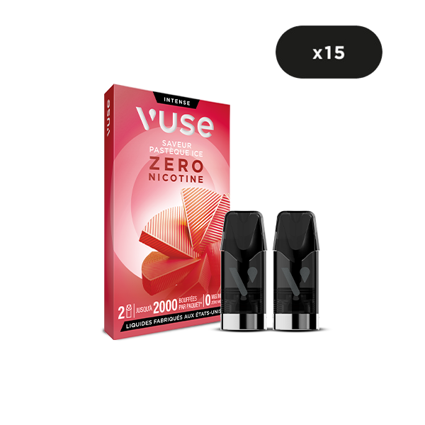 Recharge Gamme Intense Saveur Pastèque Ice de VUSE, sans nicotine, comprenant deux capsules saveur pastèque. Un label 