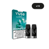 Un paquet VUSE Recharge Gamme Classique Saveur Menthe Glaciale contenant deux dosettes mentholées. L'emballage indique "2 pods", saveur menthe, contient un avertissement nicotinique en français et un cercle noir mentionnant pack de 15.