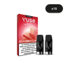 Une boîte de VUSE Recharge Gamme Intense Saveur Pastèque Ice rouge présente x15, avec deux capsules noires sur le devant. La boîte comporte un texte et une étiquette d'avertissement sur la nicotine en français.