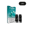 Recharge VUSE Gamme Classique Saveur Menthe Glaciale, paquet avec deux capsules noires à l'avant, boîte en français et étiquette noire "x15" dans le coin.