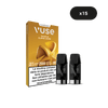 Un paquet de VUSE Recharge Gamme Classique Saveur Blend Doré est représenté avec deux dosettes devant la boîte. L'image indique 2 dosettes par paquet et 15 paquets au total, avec une étiquette d'avertissement française visible sur la boîte.