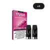 Une boîte de VUSE Recharge Gamme Intense Saveur Fruits Rouges Intense est présentée, avec deux capsules sur le devant et un avertissement visible sur la dépendance à la nicotine. L'emballage rose à motifs géométriques affiche une icône x5 indiquant la présence de cinq paquets à l'intérieur.