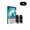 Une boîte de VUSE Recharge Gamme Intense Saveur Menthe Ice est présentée avec deux vape pods noirs à l'avant. Une étiquette indique 5 paquets. Un texte en français met en garde contre la dépendance à la nicotine et indique que ce produit n'est pas recommandé aux non-fumeurs.