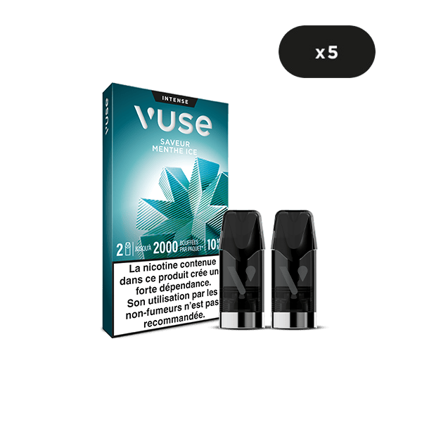 Une boîte de VUSE Recharge Gamme Intense Saveur Menthe Ice est présentée avec deux vape pods noirs à l'avant. Une étiquette indique 5 paquets. Un texte en français met en garde contre la dépendance à la nicotine et indique que ce produit n'est pas recommandé aux non-fumeurs.