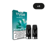 Un paquet de vape VUSE Recharge Gamme Classique Saveur Menthe Glaciale avec deux capsules est présenté. L'emballage comporte un texte en français, un graphisme de menthe et un cercle noir en haut à droite portant la mention "x5".