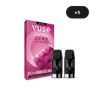 Une boîte VUSE Recharge Gamme Intense Saveur Fruits Rouges Intense présente un emballage géométrique rose moderne, deux capsules noires à l'avant et une icône x5 indiquant un paquet de cinq.