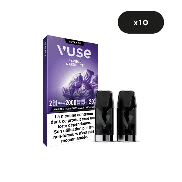 VUSE Recharge Gamme Intense Saveur Raisin Ice pack présenté avec 2 dosettes à l'avant. Chaque boîte contient 2 dosettes (2000 bouffées chacune, 20 mg/mL de nicotine). L'étiquette affiche x10 pour indiquer la quantité.