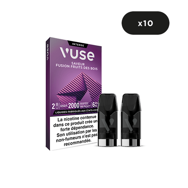Une boîte de VUSE Recharge Gamme Intense Saveur Fusion Fruits des Bois est présentée avec deux dosettes à l'avant. L'avertissement français relatif à la nicotine figure sur l'emballage et une étiquette noire 
