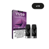 Un paquet de Recharge Gamme Intense Saveur Fusion Fruits des Bois de VUSE avec deux dosettes noires à l'avant. L'emballage violet et blanc comporte un texte en français, un avertissement sur la nicotine et une icône x15 dans le coin supérieur droit.