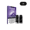 Une boîte de VUSE Recharge Gamme Intense Saveur Raisin Ice, montrant deux dosettes et un symbole x5 pour un pack de cinq. L'emballage comporte un texte en français, des avertissements relatifs à la nicotine et met l'accent sur la saveur unique de Raisin Ice.