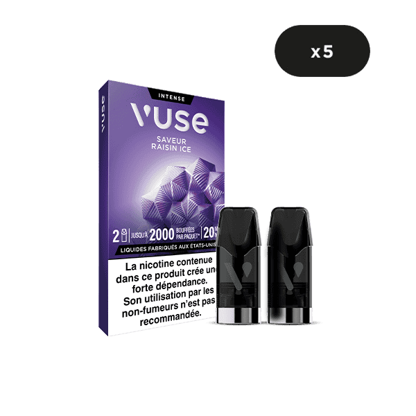 Une boîte de VUSE Recharge Gamme Intense Saveur Raisin Ice, montrant deux dosettes et un symbole x5 pour un pack de cinq. L'emballage comporte un texte en français, des avertissements relatifs à la nicotine et met l'accent sur la saveur unique de Raisin Ice.
