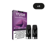 Les capsules VUSE Recharge Gamme Intense Saveur Fusion Fruits des Bois sont présentées devant un paquet violet étiqueté en français avec un avertissement sur la nicotine. Un cercle noir au-dessus de l'emballage indique "x5", ce qui signifie que cinq dosettes sont incluses.