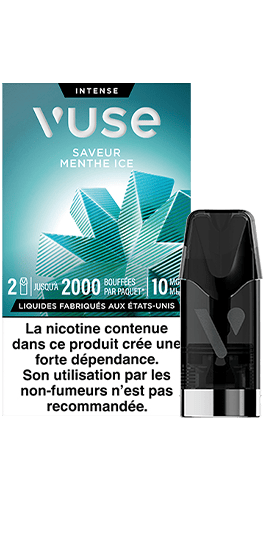 L'emballage d'une dosette de Vuse Menthe Ice contient deux dosettes, jusqu'à 2000 bouffées par paquet, un taux de nicotine de 10 mg/ml et un avertissement en français sur la dépendance à la nicotine et l'utilisation par les non-fumeurs.