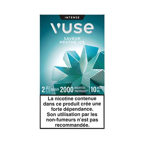 Vuse | Un paquet de cigarettes électroniques Vuse portant la mention « Saveur Menthe Ice » et orné de motifs représentant des cristaux de glace bleus. L'avertissement en français précise que la nicotine crée une forte dépendance et que ce produit n'est pas recommandé aux non-fumeurs. | Cigarettes Electroniques et Recharges