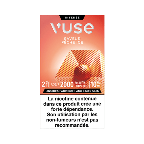 Vuse | Un paquet de pods pour cigarette électronique Vuse Intense Pêche Ice, au design orange, contenant 2 pods, avec une concentration en nicotine de 110 mg/ml, et comportant en bas une mise en garde française concernant la dépendance à la nicotine et déconseillant son utilisation aux non-fumeurs. | Cigarettes Electroniques et Recharges