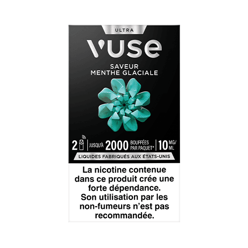 Vuse | Boîte de capsules pour cigarette électronique Vuse Ultra, saveur Menthe Glaciale, ornée d'une image de feuilles de menthe. L'étiquette met en garde contre la dépendance à la nicotine et déconseille l'utilisation par les non-fumeurs. Contient 2 capsules, 2 000 bouffées, 10 ml chacune. | Cigarettes Electroniques et Recharges