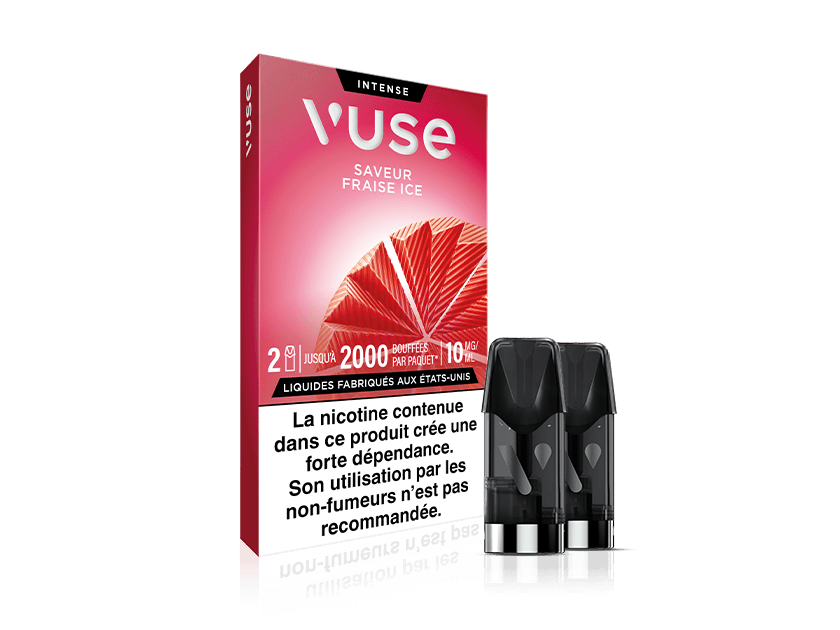 Vuse | Une boîte de capsules pour cigarette électronique « Vuse Intense Fraise Ice » est posée à côté de deux capsules de recharge. L'emballage est rouge et comporte un motif représentant une fraise ainsi qu'une mention d'avertissement relative à la nicotine, en français, au bas de l'emballage. | Cigarettes Electroniques et Recharges