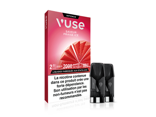 Vuse | Une boîte de capsules pour cigarette électronique « Vuse Intense Fraise Ice » est posée à côté de deux capsules de recharge. L'emballage est rouge et comporte un motif représentant une fraise ainsi qu'une mention d'avertissement relative à la nicotine, en français, au bas de l'emballage. | Cigarettes Electroniques et Recharges