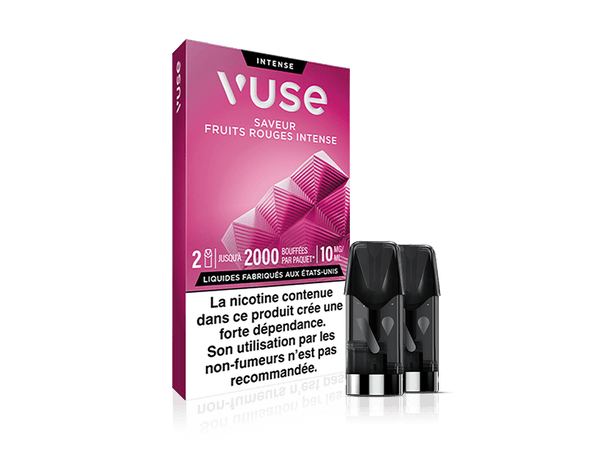 Vuse | Une boîte de capsules pour cigarette électronique Vuse Intense, à la saveur « Fruits Rouges Intense », est présentée à côté de deux capsules noires. L'emballage comporte un avertissement concernant la nicotine en français. | Cigarettes Electroniques et Recharges