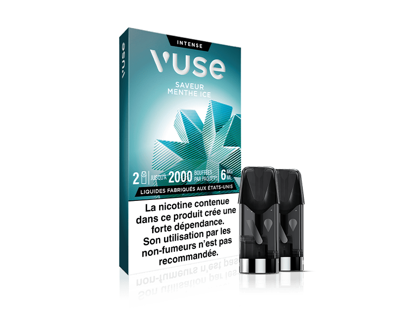 Vuse | Boîte de deux pods pour vapoteuse Vuse Menthe Ice. La boîte est de couleur bleu sarcelle et ornée d'un motif géométrique représentant des feuilles ; elle indique la teneur en nicotine et comporte un avertissement sanitaire français concernant la dépendance à la nicotine. | Cigarettes Electroniques et Recharges