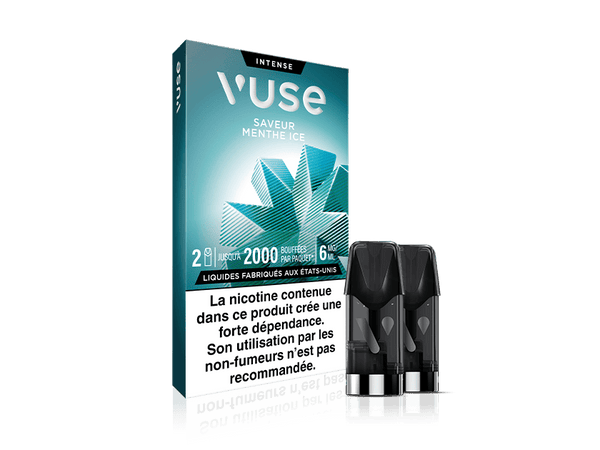 Vuse | Boîte de deux pods pour vapoteuse Vuse Menthe Ice. La boîte est de couleur bleu sarcelle et ornée d'un motif géométrique représentant des feuilles ; elle indique la teneur en nicotine et comporte un avertissement sanitaire français concernant la dépendance à la nicotine. | Cigarettes Electroniques et Recharges