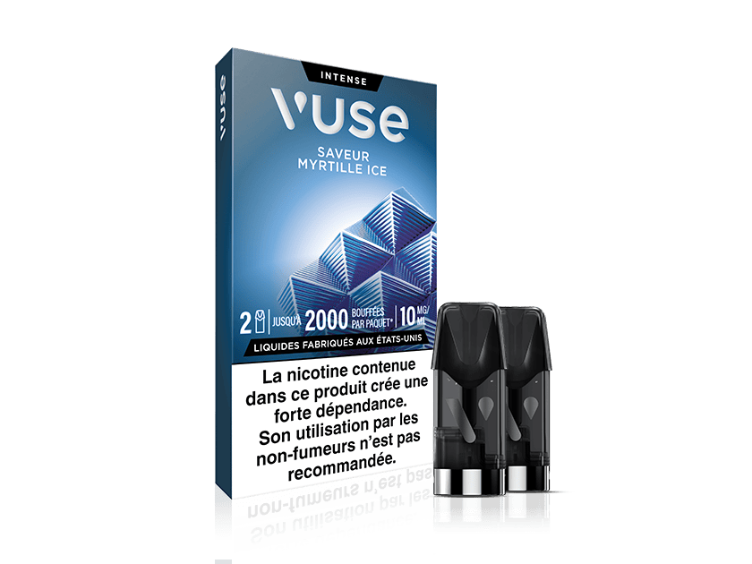 Vuse | Paquet de pods pour vapoteuse « Vuse Intense Myrtille Ice » avec deux pods présentés à l'avant de la boîte. L'emballage représente des myrtilles glacées et comporte un avertissement concernant la nicotine en français au bas de l'emballage. | Cigarettes Electroniques et Recharges