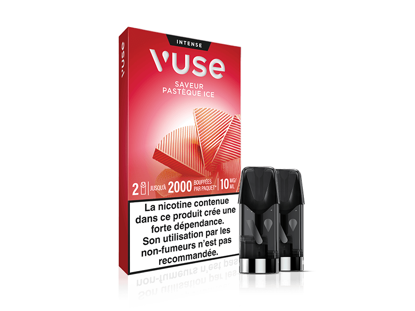 Vuse | Boîte rouge contenant des cartouches pour cigarette électronique « Vuse Pastèque Ice », ornée d'illustrations de pastèque, avec deux cartouches noires à l'avant et un avertissement sur la nicotine en français au bas de l'emballage. | Cigarettes Electroniques et Recharges