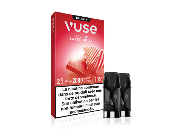 Vuse | Boîte rouge contenant des cartouches pour cigarette électronique « Vuse Pastèque Ice », ornée d'illustrations de pastèque, avec deux cartouches noires à l'avant et un avertissement sur la nicotine en français au bas de l'emballage. | Cigarettes Electroniques et Recharges