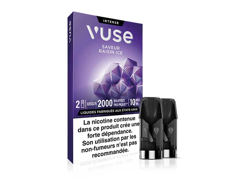 Vuse | Une boîte violette de VUSE Recharge Gamme Intense Saveur Raisin Ice, avec trois capsules à côté. Au bas de l'image figure un avertissement français sur la nicotine. | Cigarettes Electroniques et Recharges
