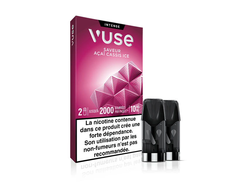 Vuse | Un paquet de pods pour cigarette électronique Vuse, présenté dans une boîte rose et blanche portant la mention « SAVEUR AÇAÍ CASSIS ICE ». Deux pods sont visibles à l'avant. Un avertissement concernant la nicotine, rédigé en français, figure dans la partie inférieure de la boîte. | Cigarettes Electroniques et Recharges