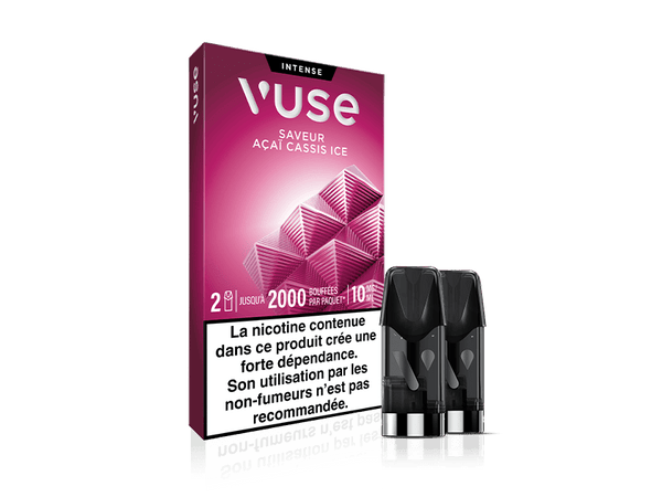 Vuse | Un paquet de pods pour cigarette électronique Vuse, présenté dans une boîte rose et blanche portant la mention « SAVEUR AÇAÍ CASSIS ICE ». Deux pods sont visibles à l'avant. Un avertissement concernant la nicotine, rédigé en français, figure dans la partie inférieure de la boîte. | Cigarettes Electroniques et Recharges
