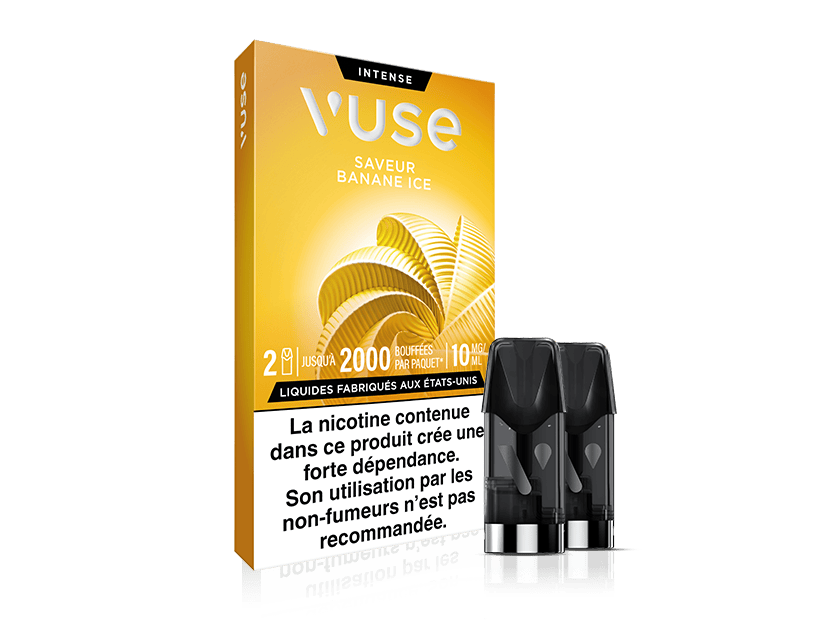 Vuse | Une boîte jaune de cartouches pour vapoteuse Vuse portant la mention « Saveur Banane Ice », avec une illustration de rondelles de banane, deux cartouches à l'avant et un avertissement sur la nicotine en français figurant sur l'emballage. | Cigarettes Electroniques et Recharges