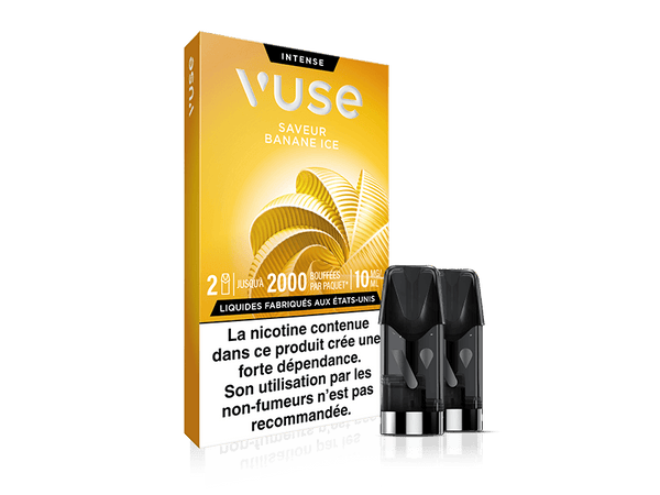Vuse | Une boîte jaune de cartouches pour vapoteuse Vuse portant la mention « Saveur Banane Ice », avec une illustration de rondelles de banane, deux cartouches à l'avant et un avertissement sur la nicotine en français figurant sur l'emballage. | Cigarettes Electroniques et Recharges