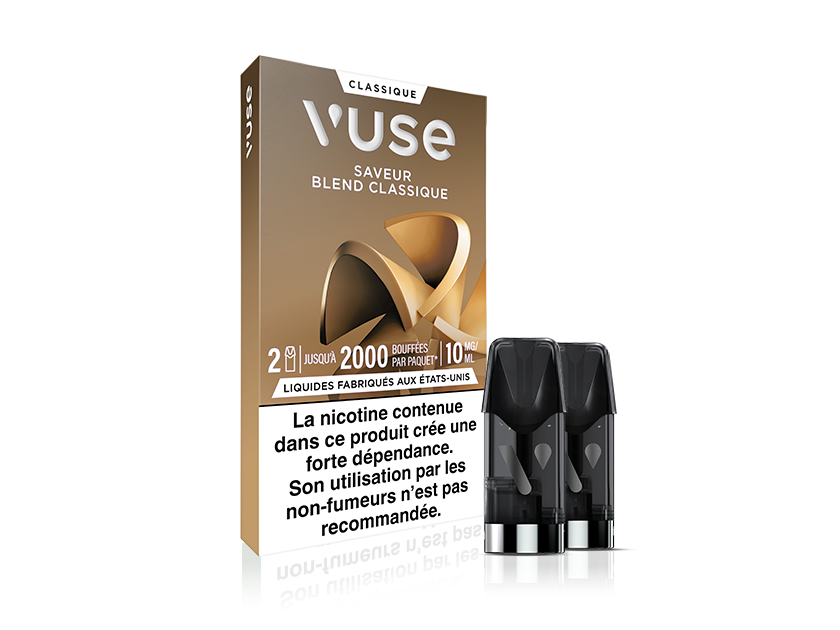 Vuse | On voit ici un paquet de capsules pour vapoteuse « Vuse Classique Blend », contenant deux capsules noires posées à côté d'une boîte marron et dorée. La boîte comporte un texte en français et une étiquette d'avertissement sur la nicotine en bas. | Cigarettes Electroniques et Recharges