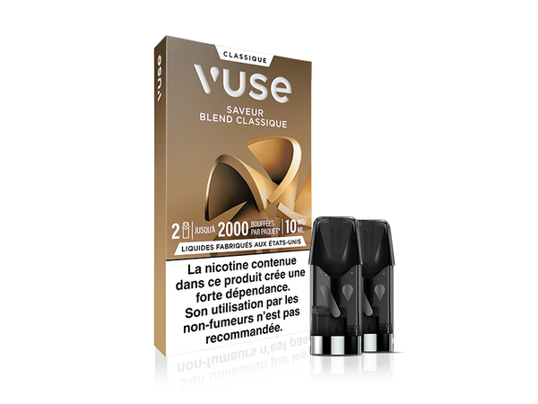 Vuse | On voit ici un paquet de capsules pour vapoteuse « Vuse Classique Blend », contenant deux capsules noires posées à côté d'une boîte marron et dorée. La boîte comporte un texte en français et une étiquette d'avertissement sur la nicotine en bas. | Cigarettes Electroniques et Recharges