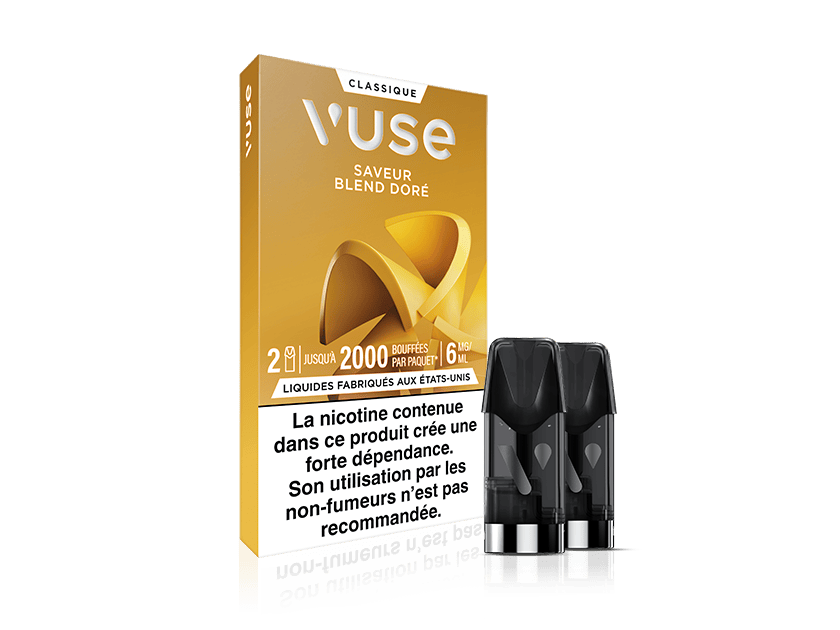 Vuse | Un paquet de capsules pour cigarette électronique Vuse portant la mention « Classique Saveur Blend Doré », avec deux capsules noires à côté. Un texte en français met en garde contre la dépendance à la nicotine et déconseille aux non-fumeurs d'utiliser ce produit. | Cigarettes Electroniques et Recharges