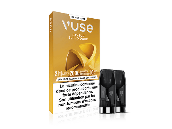 Vuse | Un paquet de capsules pour cigarette électronique Vuse portant la mention « Classique Saveur Blend Doré », avec deux capsules noires à côté. Un texte en français met en garde contre la dépendance à la nicotine et déconseille aux non-fumeurs d'utiliser ce produit. | Cigarettes Electroniques et Recharges