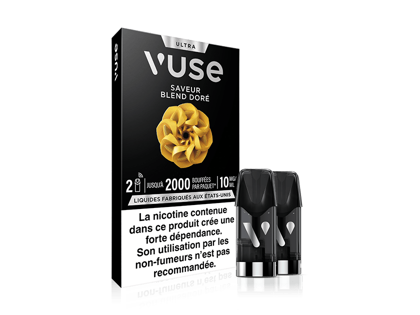 Vuse | Un paquet de capsules pour cigarette électronique Vuse portant la mention « Saveur Blend Doré », avec deux capsules noires présentées à côté de la boîte. L'emballage comporte un avertissement en français sur la dépendance à la nicotine et déconseille son utilisation aux non-fumeurs. | Cigarettes Electroniques et Recharges