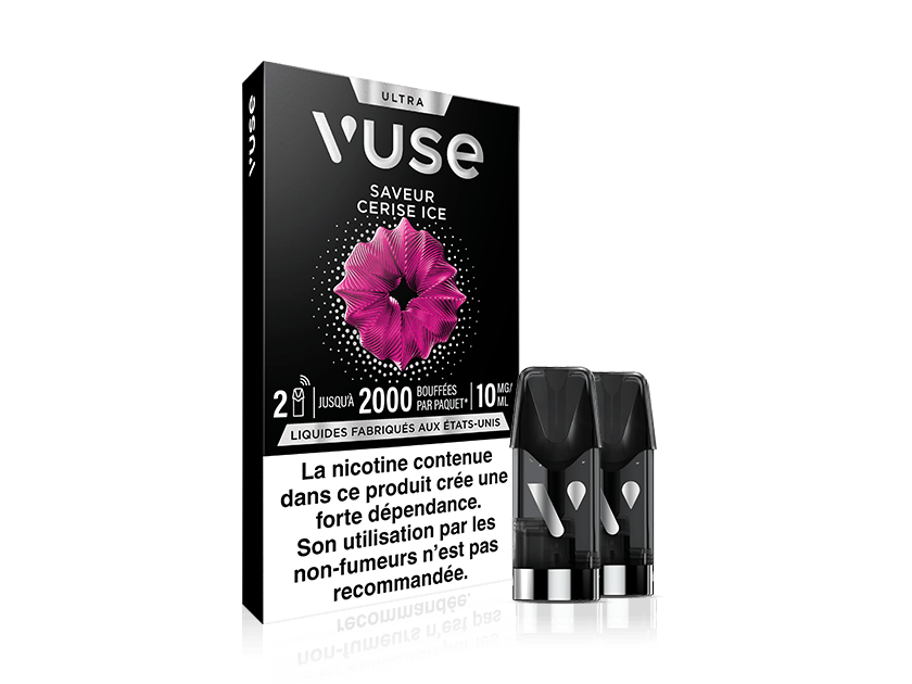 Vuse | Un pack de capsules Vuse Ultra Cerise Ice, composé d'une boîte noire ornée d'une fleur rose, de deux capsules et d'une étiquette d'avertissement sur la nicotine en français au bas de l'emballage. | Cigarettes Electroniques et Recharges