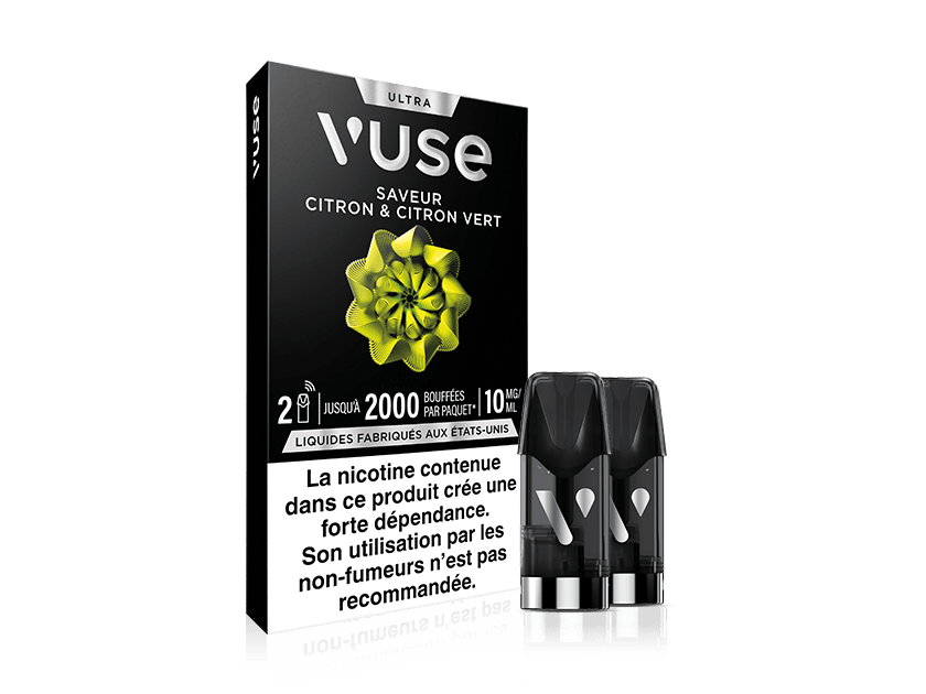Vuse | Un paquet de pods pour cigarette électronique Vuse, en français, aux saveurs citron et citron vert, est présenté avec deux pods. L'emballage indique 2 000 bouffées, 10 mg de nicotine, ainsi qu'un avertissement sur la nicotine en français en bas de l'emballage. | Cigarettes Electroniques et Recharges